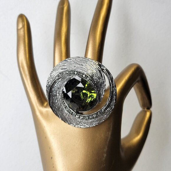 Statement Silver and Green Crystal Ring Adjustable Band - Picture 1 of 9